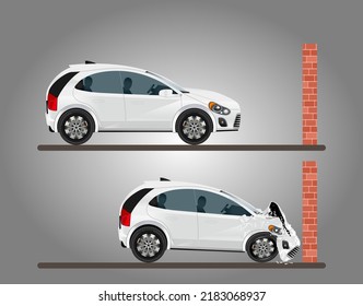 Car crash and traffic accidents. Car damaged during vehicle transportation. Collision hitting a wall. Auto accident and car broken concept. Vector illustration.