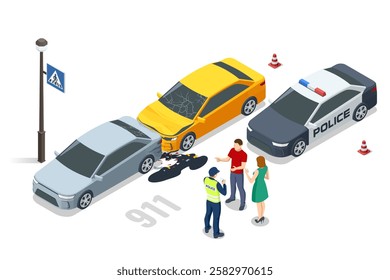 Car crash. Two cars crashed on a side street near a pedestrian crossing. Police are mediating between the involved parties, with trees and urban decor visible