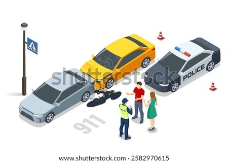 Car crash. Two cars crashed on a side street near a pedestrian crossing. Police are mediating between the involved parties, with trees and urban decor visible