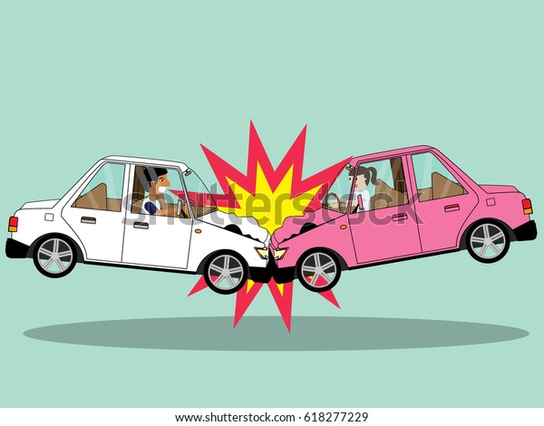 Car crash, with two cars front collide hit.\
Vector illustration\
cartoon.