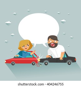 Camión estrellado. Dos conductores discuten en un camión con burbuja de habla. Ilustración vectorial colorida en estilo plano
