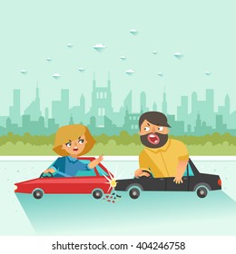 Car crash. Two drivers arguing in car accident on urban city background. Colorful vector illustration in flat style
