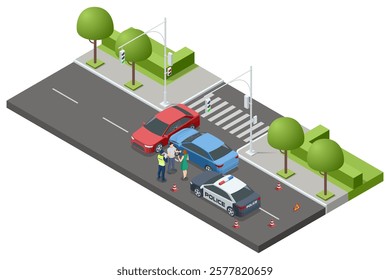 Car crash with two vehicles. Two cars collided at an intersection, with a police officer mediating between drivers. The scene includes a pedestrian crossing, traffic lights, and roadside greenery.