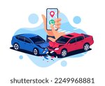 Car crash with urgent phone call. Smartphone in hand calling police help, insurance company. Two damaged vehicles in traffic accident collision on road, crossroad, street. Head-on hit. Isolated vector