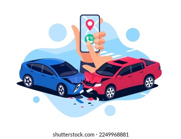 Car crash with urgent phone call. Smartphone in hand calling police help, insurance company. Two damaged vehicles in traffic accident collision on road, crossroad, street. Head-on hit. Isolated vector - Shutterstock ID 2249968881