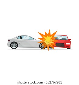 Car Crash Vector Illustration Flat Cartoon Style, Two Automobiles Collision, Auto Accident Scene Side And Front