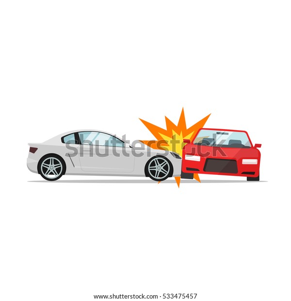 车祸矢量插画平面卡通风格 两辆车碰撞 车祸现场隔离在白色背景库存矢量图 免版税