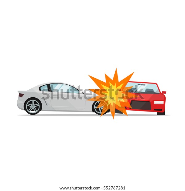 Car crash
vector illustration flat cartoon style, two automobiles collision,
auto accident scene side and
front