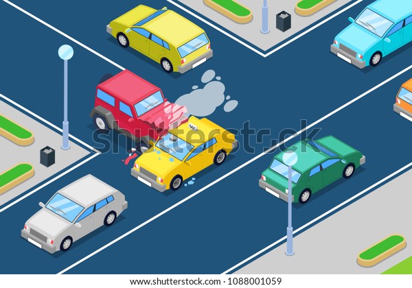 Car crash, vector isometric\
3D illustration. Street accident at intersection of the main and\
secondary roads. Safety street traffic and road insurance\
concept.
