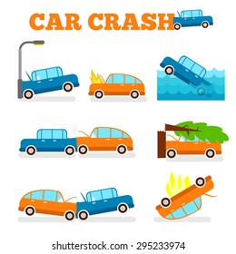 Car crash vector set. Insurance cases car crash. Risk driver brochure. 