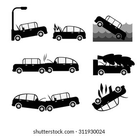 Car crash vector set. Insurance cases car crash. Risk driver brochure. 
