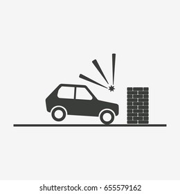 Car Crash With Wall. Crash Test. Flat Vector Illustration