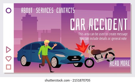 Car crashed into bike, scared driver, traffic collision landing page template - flat vector illustration. Car accident web banner with motorbike vehicle.