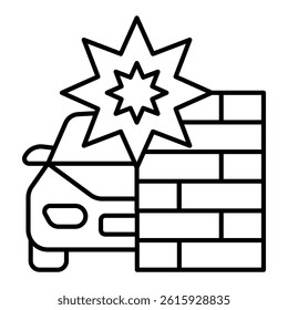 Car crashed into brick wall thin line icon, life insurance concept. Vector graphics. Vehicle crash sign on white background, linear style for mobile or design
