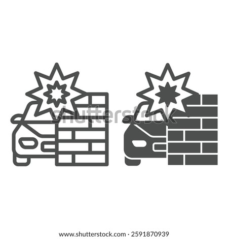 Car crashed into brick wall line and solid icon, life insurance concept. Vector graphics. Automobile vehicle crash sign on white background, outline style icon for mobile or web design