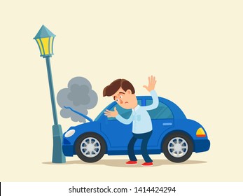 Car crashed into a lamppost. Smoke go from engine. Car is damaged. Driver confused and disappointed. Vector illustration, flat cartoon style. Isolated background.