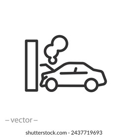 the car crashed into a pole, auto crash on road icon, thin line symbol on white background - editable stroke vector illustration