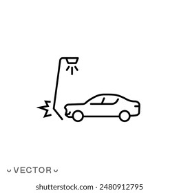 el coche se estrelló contra un poste, accidente automático en el icono de la carretera, línea delgada símbolo aislado sobre fondo blanco, trazo editable eps 10 Ilustración vectorial