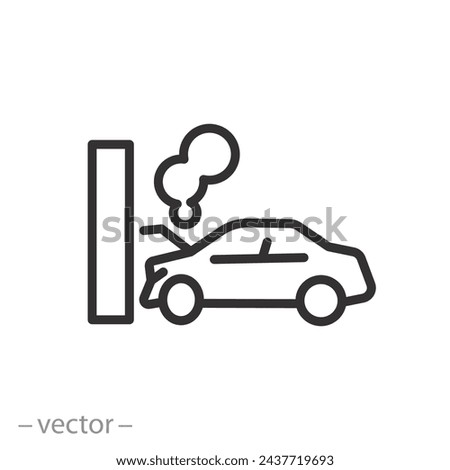 the car crashed into a pole, auto crash on road icon, thin line symbol on white background - editable stroke vector illustration