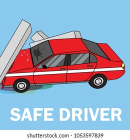 car crashed into the pole with the speed. flat vector illustration.