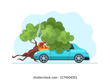 Car crashed into tree and hood caught fire. Broken tree fell on blue car and damaged it. Accident scene with vehicle shut off the road and collided with tree. Road accident, crash flat vector