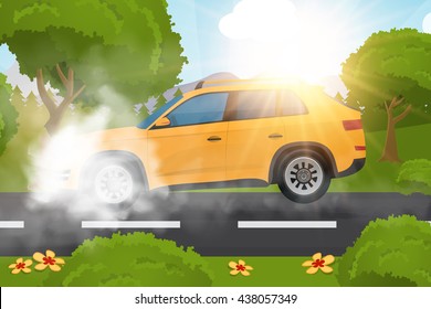 Car crashed into tree, summer sun, dazzling by sun
