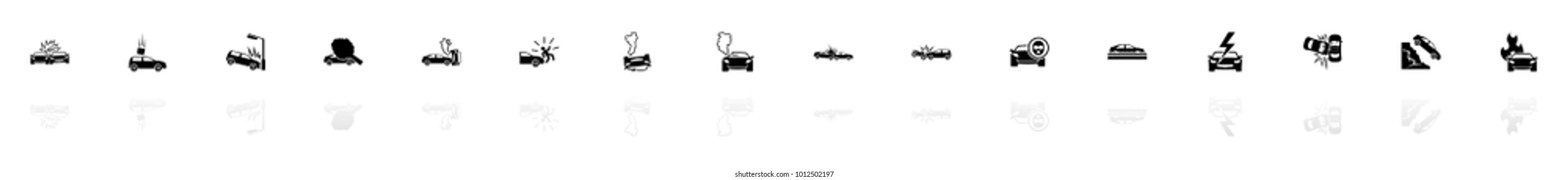 Car Crashes icons - Black horizontal Illustration symbol on White Background with a mirror Shadow reflection. Flat Vector Icon.