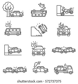 Car crashes icons set. Transportation accidents, thin line design. Collision and breaking of road transport. isolated symbols collection.