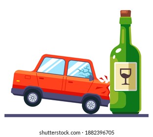 the car crashes into a bottle of alcohol. drunk driving on the road. flat vector illustration isolated on white background.