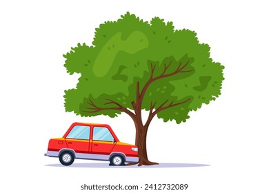 El auto choca contra un árbol. Ilustración vectorial plana