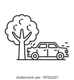 The car crashes into a tree. A road accident