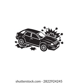 Car crashing into explosion debris on road illustration