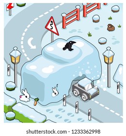 Car Crashing Through Wall On A Curvy Road Of Snow In Wintertime (isometric Illustration)