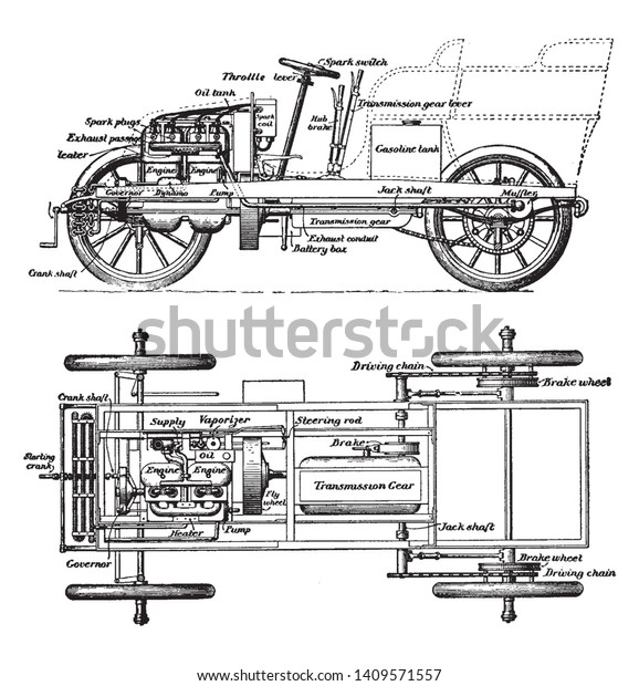 Car Cross Section one\
from the side one from above, vintage line drawing or engraving\
illustration.