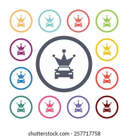 car crown flat icons set. Open colorful buttons 