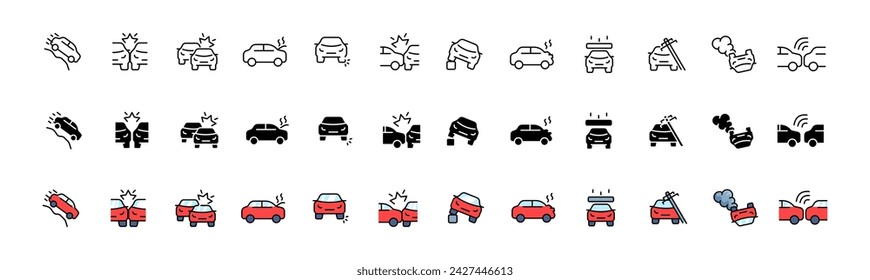 Car crush icon collection. Crust set. Linear, silhouette and flat style. Vector icons