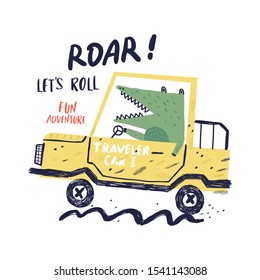 Car and cute alligator vector illustration for print design. Can be used for shirt design, fashion print design, kids wear, textile design, greeting card, invitation card.