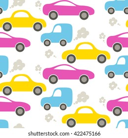 Car cute baby vector seamless pattern. Kid fabric and apparel design. Bright yellow, magenta pink and blue transport with exhaust cartoon pattern.