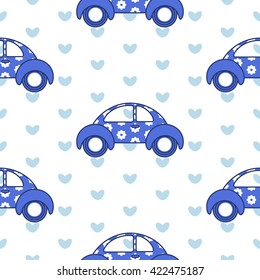 Car cute baby vector seamless pattern. Kid fabric and apparel design. Fun blue car with flower pattern and hearts on back.