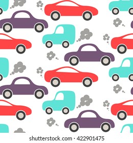 Car cute baby vector seamless pattern. Kid fabric machine pattern and apparel design. Blue, purple and red cars pattern on white. Transport pattern. Kid vehicle pattern. Baby traffic jam pattern.