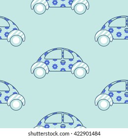 Car cute baby vector seamless pattern. Kid fabric and apparel design. Fun blue car with flower pattern.