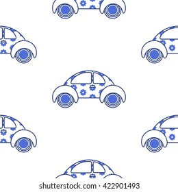 Car cute baby vector seamless pattern. Kid fabric and apparel design. Fun blue car with flower pattern on white background.