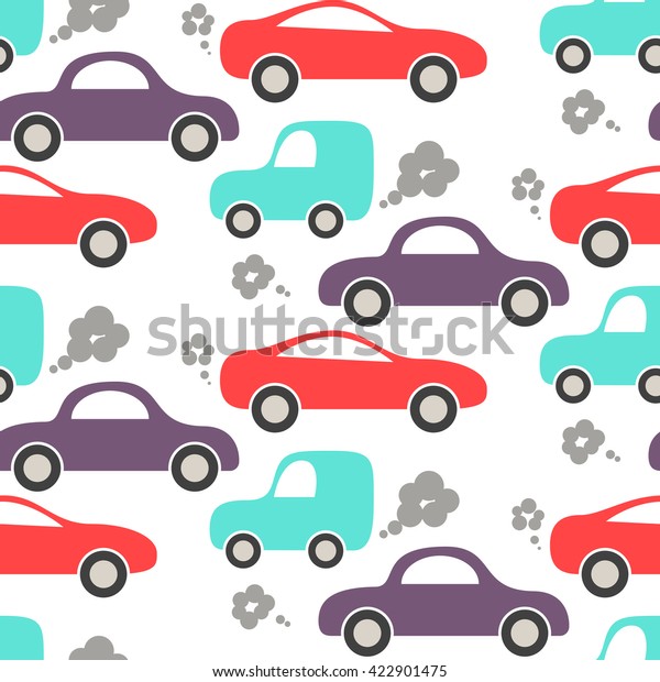 Car cute baby vector seamless pattern. Kid\
fabric machine pattern and apparel design. Blue, purple and red\
cars pattern on white. Transport pattern. Kid vehicle pattern. Baby\
traffic jam pattern.