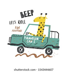 Car and cute giraffe vector illustration for print design. Can be used for shirt design, fashion print design, kids wear, textile design, greeting card, invitation card.