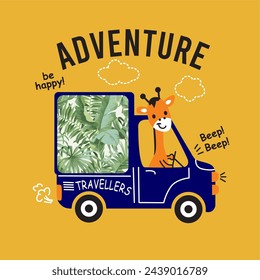 Car and cute giraffe vector illustration for print design. Can be used for shirt design, fashion print design, kids wear, textile design, greeting card, invitation card.