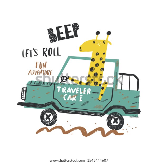 Car and cute giraffe\
vector illustration for print design. Can be used for shirt design,\
fashion print design, kids wear, textile design, greeting card,\
invitation card.