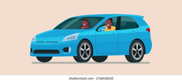 Car CUV with young afro man and woman inside. Vector flat style illustration.