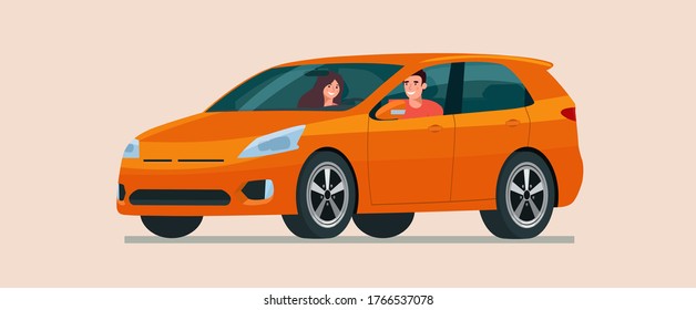 Car CUV with young man and woman inside. Vector flat style illustration.