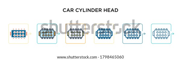 Car cylinder head vector icon in 6 different modern\
styles. Black, two colored car cylinder head icons designed in\
filled, outline, line and stroke style. Vector illustration can be\
used for web, 
