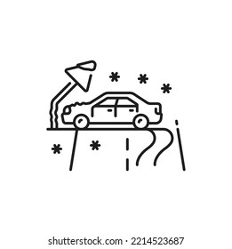 Car Damage, Crash Or Accident Thin Line Icon. Car Collision On Icy Winter Road, Accident Pictogram. Vehicle Driving Safety Thin Line Sign Or Automobile Disaster, Traffic Violation Simple Vector Symbol